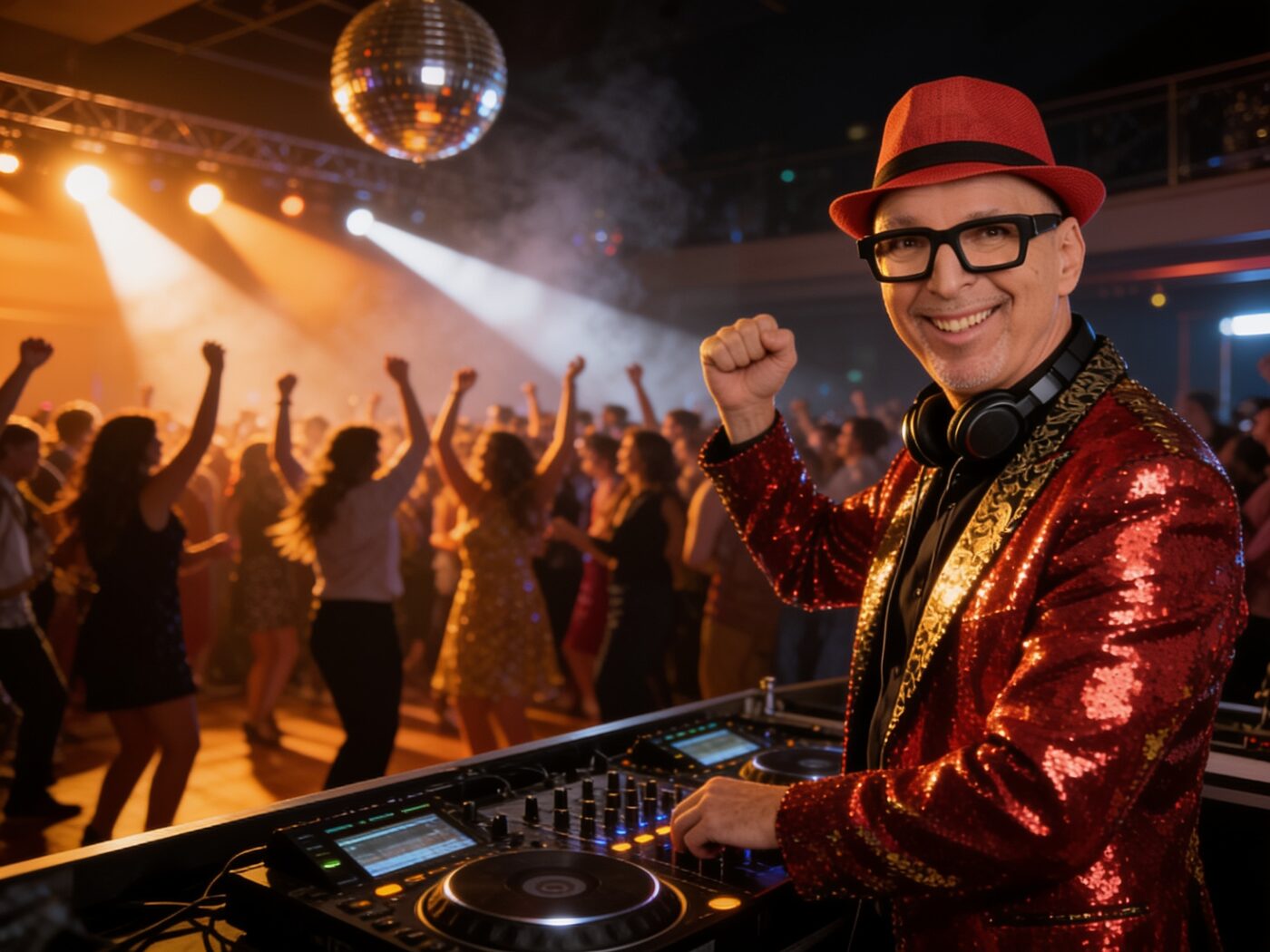 Marcus Stroph am DJ-Pult, dahinter eine volle Tanzfläche mit feiernden Gästen
