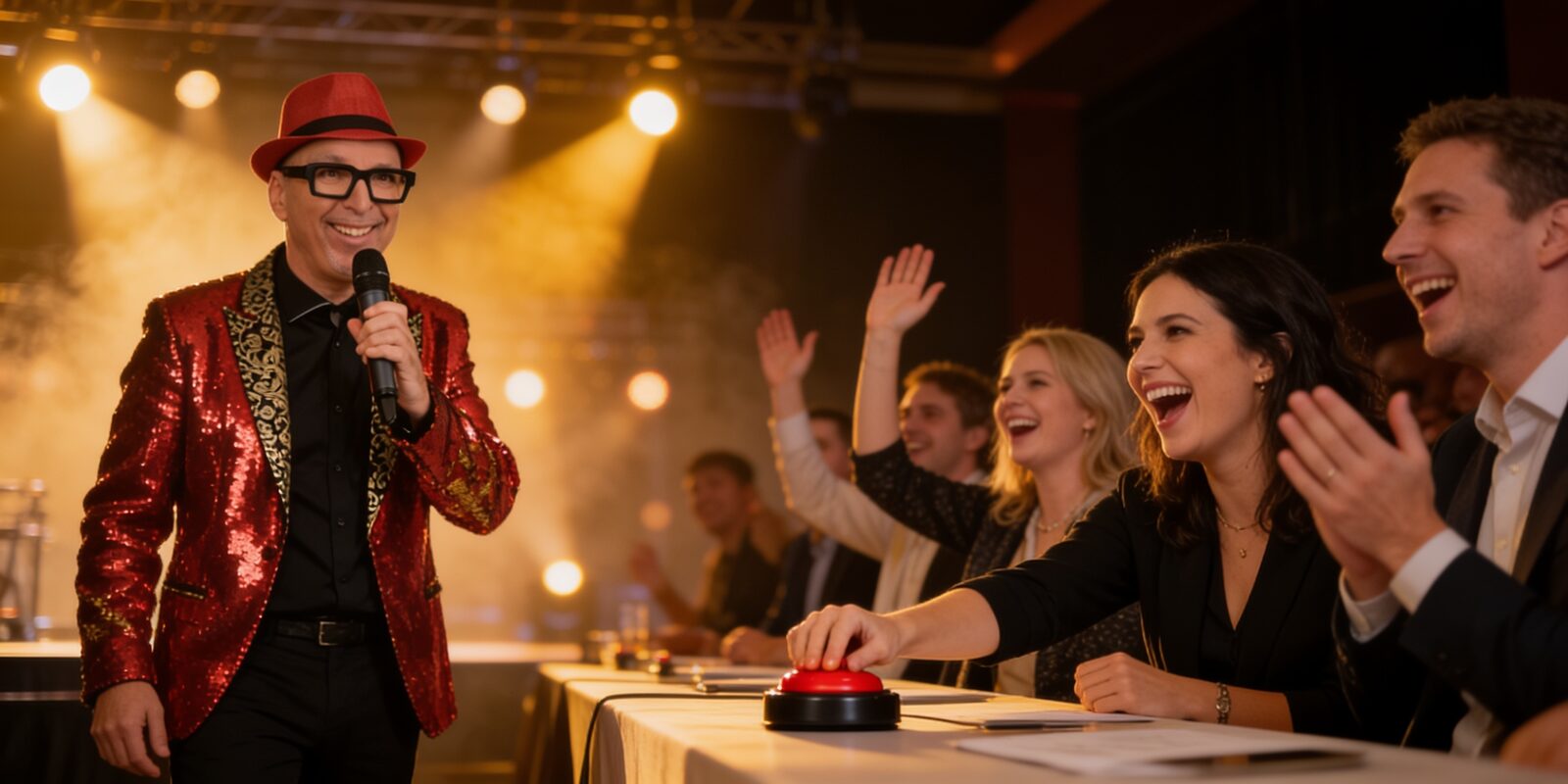Marcus Stroph moderiert das Musik-Quiz, ein Team am Tisch schlägt auf den roten Buzzer